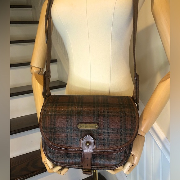 W RALPH LAUREN Brown Tartan Plaid Multi Pocket Tote Crossbody Shoulder Bag - Picture 17 of 17